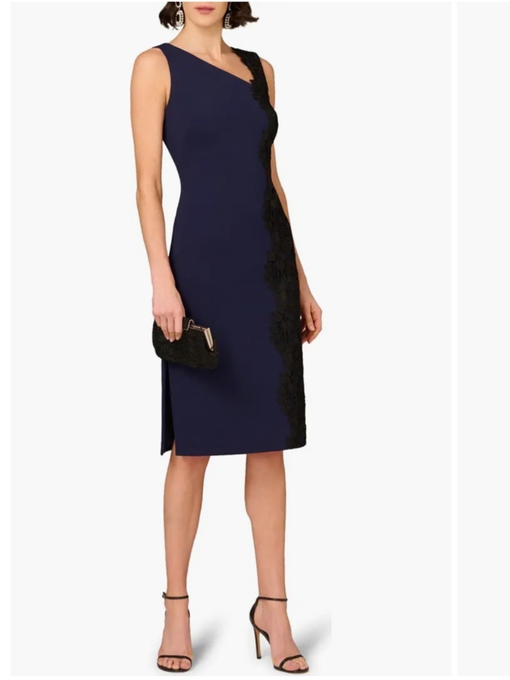 Lace Trim Midi Navy Cocktail Dress with Black Lace Appliqué-Size 10 NWT
